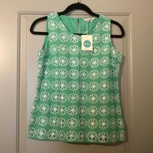 Boden Katie Top Eyelet Crochet Keyhole Bank floral Tank Green |Size 4